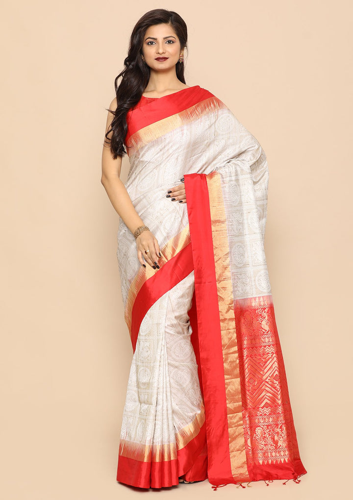 Red and White Pure Handwoven Saree-Koskii