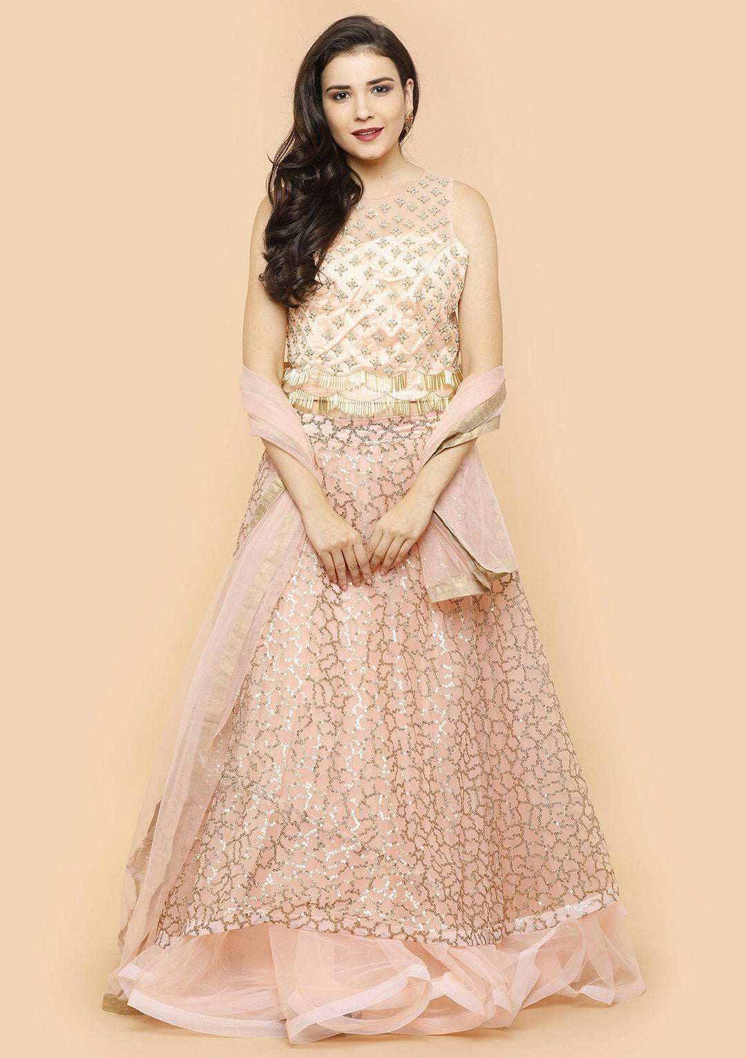 Koskii Soft Peach Sequinned Lehenga-Koskii