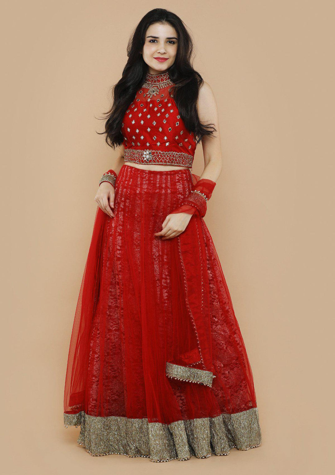 koskii red net and lace lehenga-Koskii