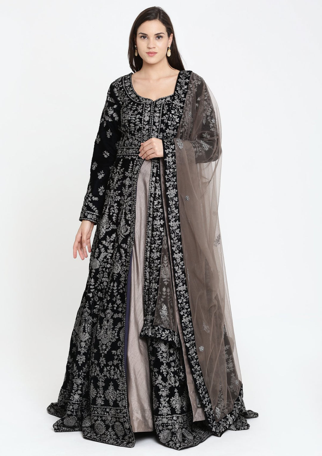 Navy Blue Zari Work Velvet Designer Lehenga-Koskii