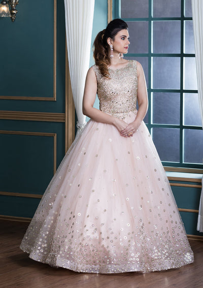 Peach Pink Embellished Net Designer Gown-Koskii