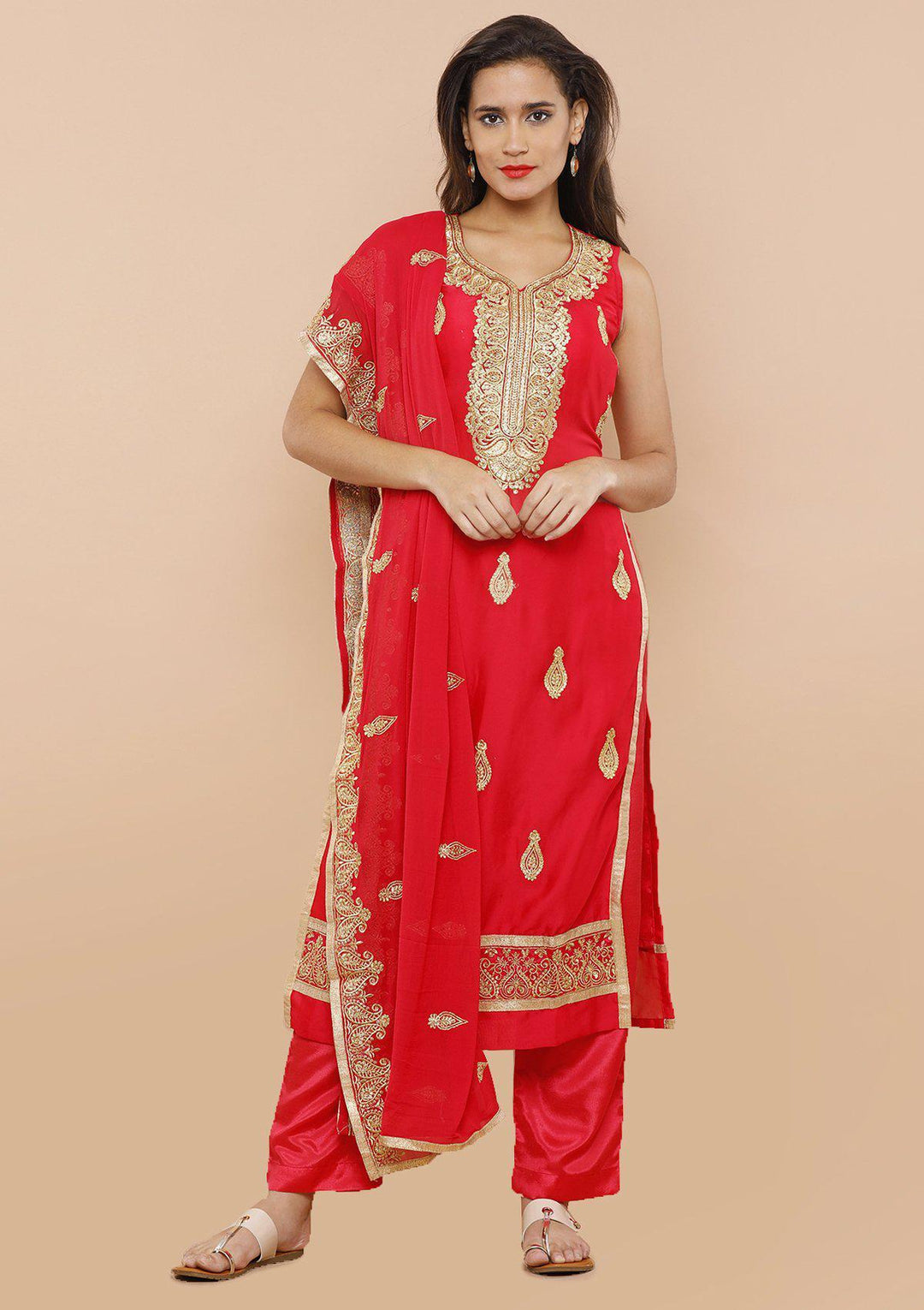 Red Chanderi Silk Designer Salwar Suit-Koskii