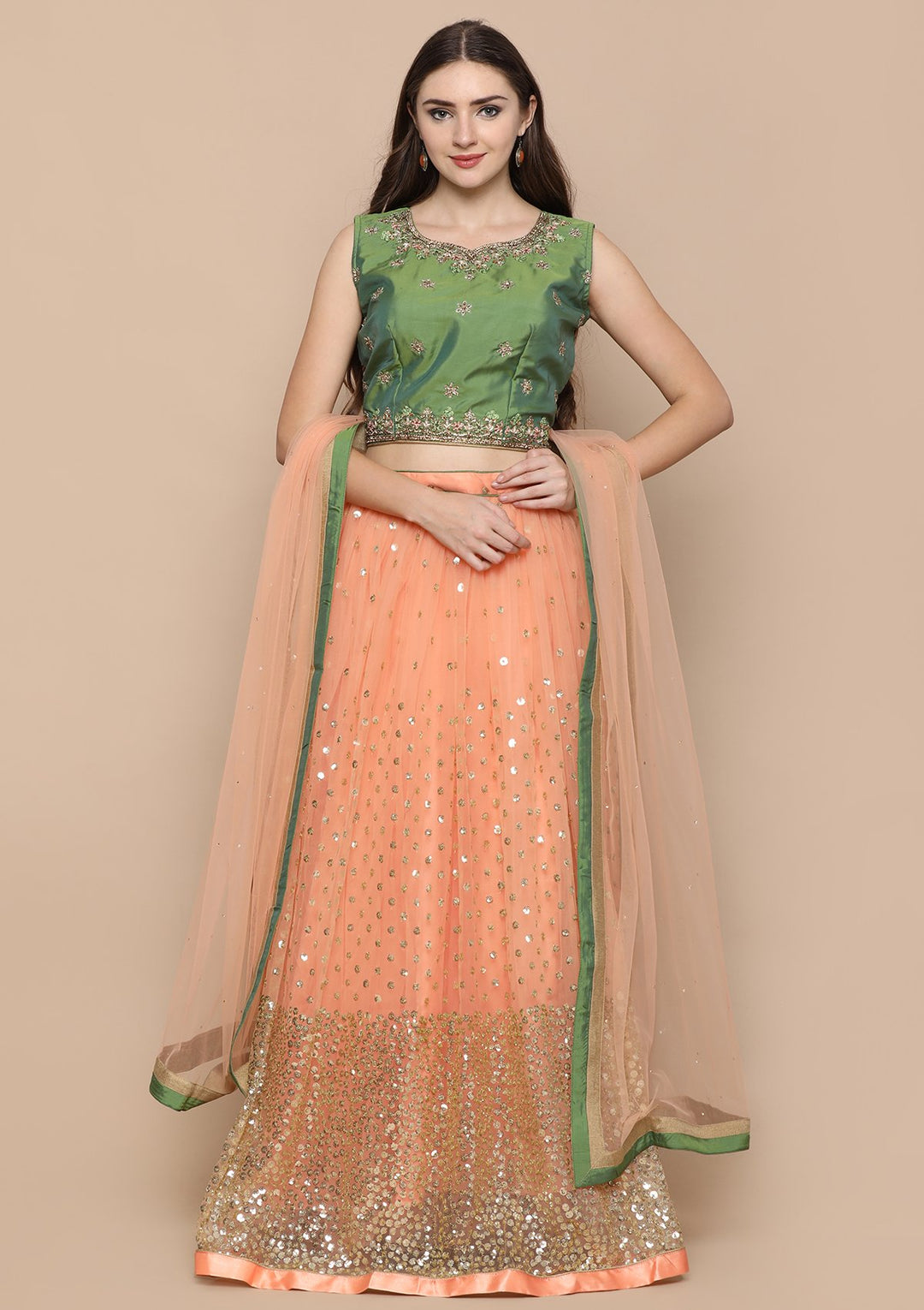Peach Pink Zardozi Work Taffeta Designer Lehenga-Koskii