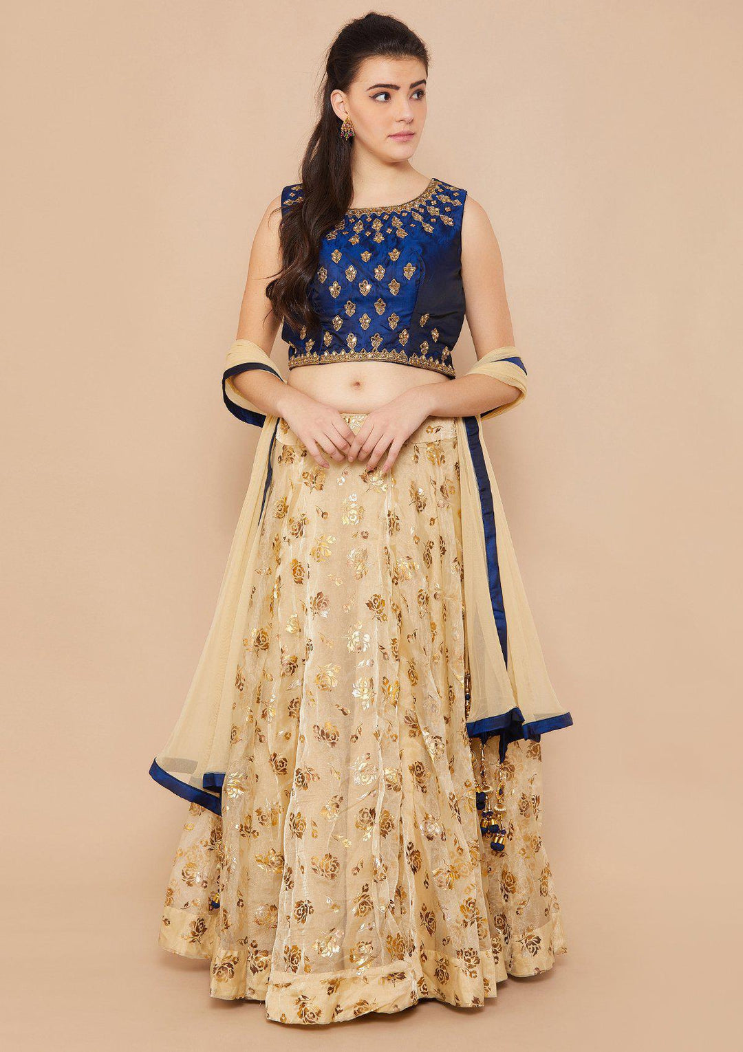 Gold and Blue Mirror-work Designer Lehenga-Koskii