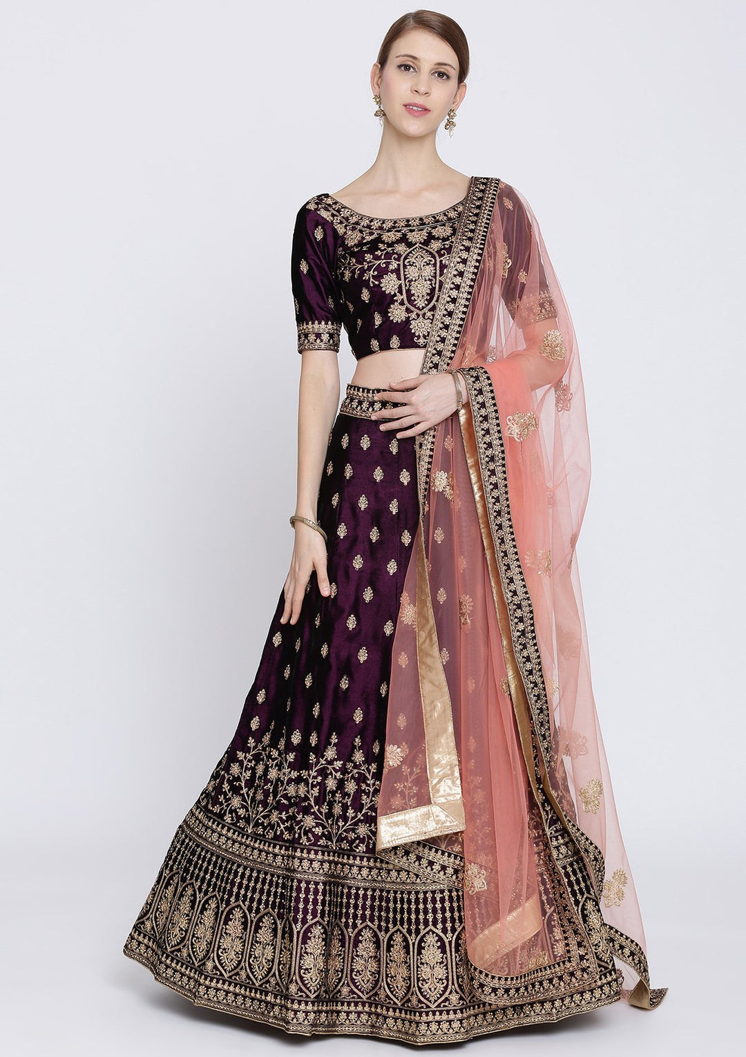 Wine Zariwork Velvet Designer Lehenga-Koskii