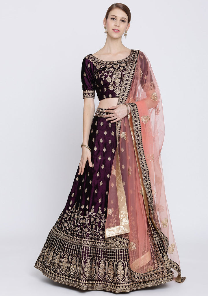 Wine Zariwork Velvet Designer Lehenga-Koskii