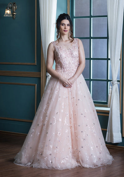 Peach Stone Work Net Designer Gown-Koskii
