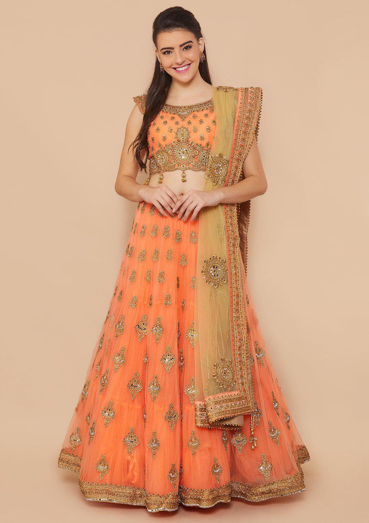 Koskii Zariwork Net PEACH Lehenga-Koskii