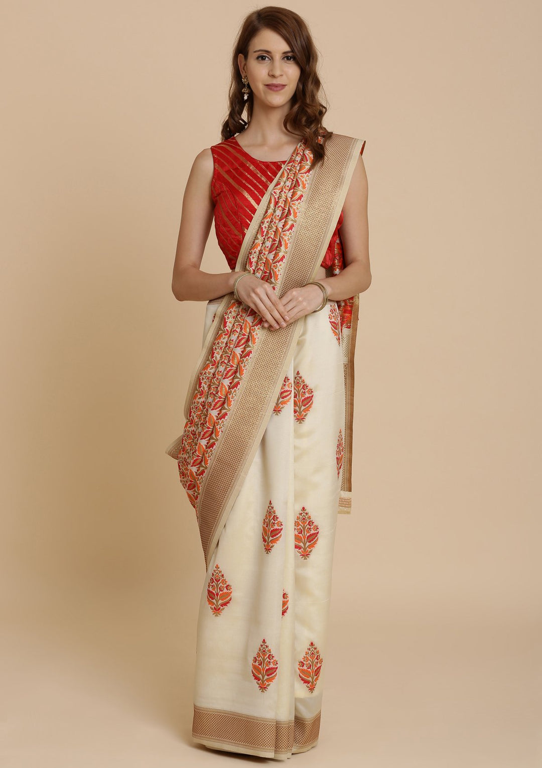 Red and Cream Thread Work Art Silk Designer Saree-Koskii
