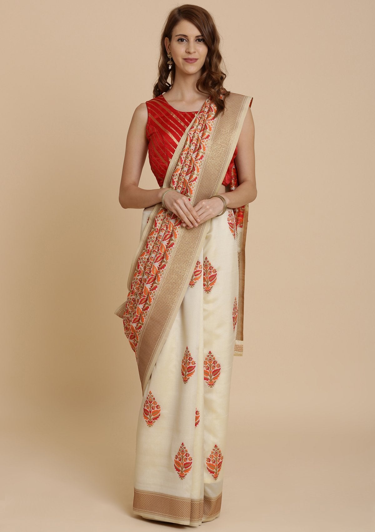 Red and Cream Thread Work Art Silk Designer Saree-Koskii