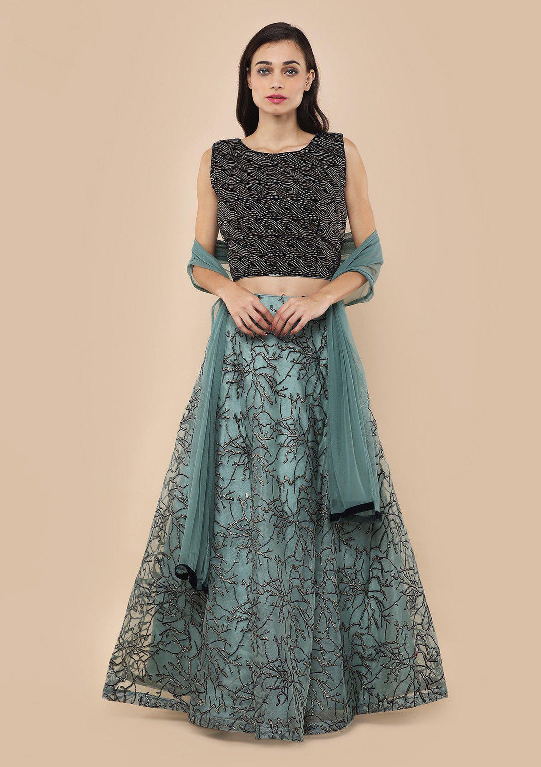 Teal Green Shimmer Appliqu???Ìâ?å©d Velvet Designer Lehenga-Koskii