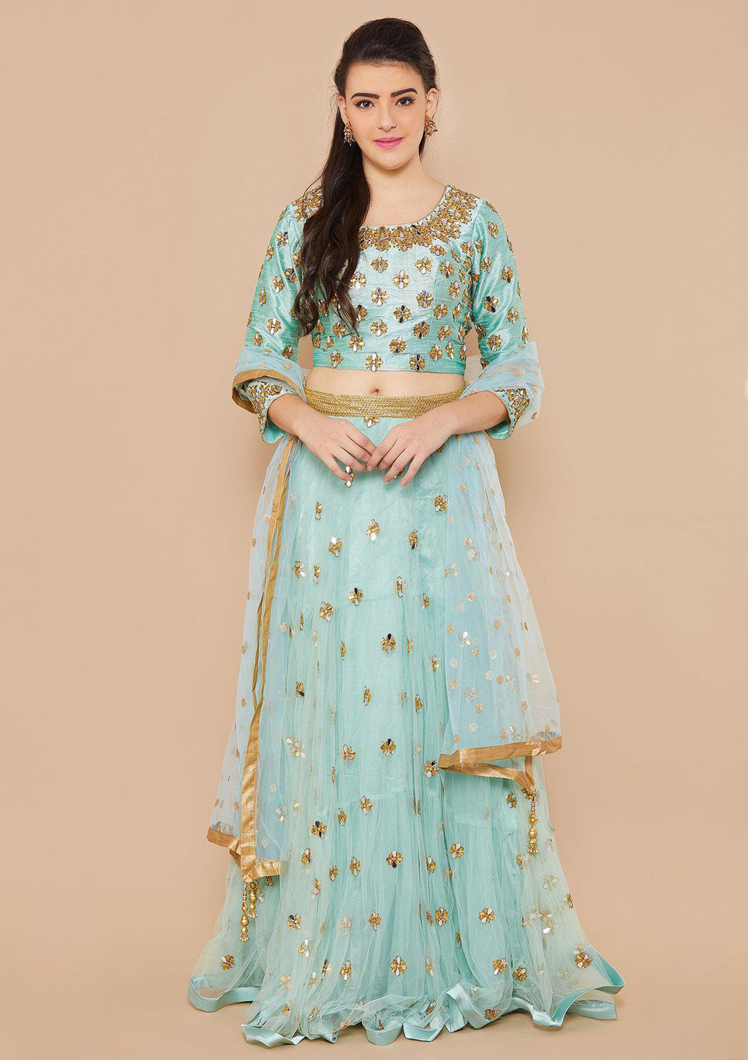 Teal Mirrorwork Net Designer Lehenga-Koskii