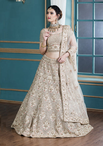 Beige Silk Zardozi Work Designer Lehenga-Koskii