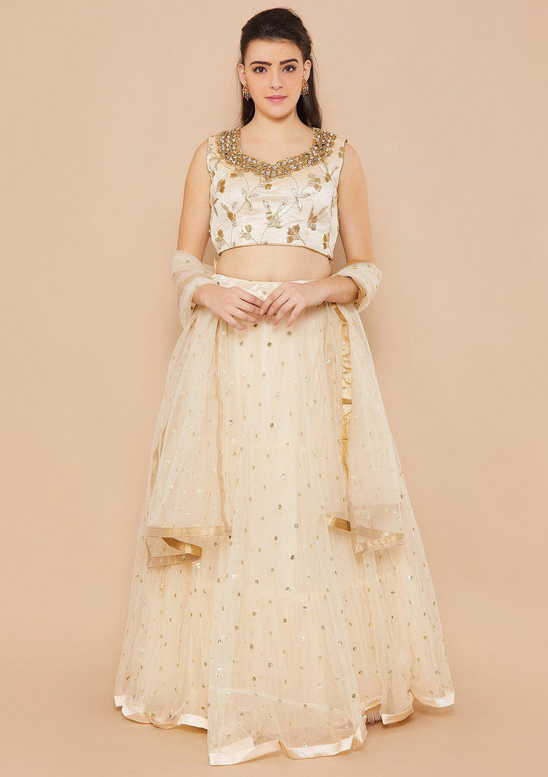 Koskii Mirrorwork Net Cream Lehenga-Koskii