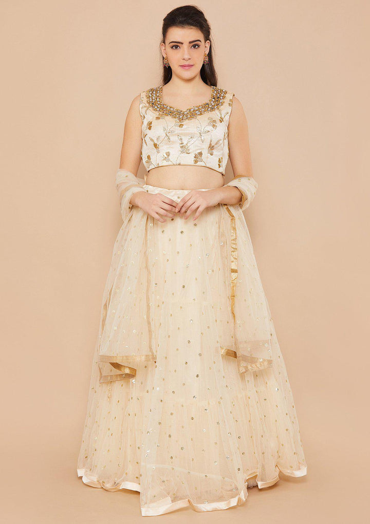 Koskii Mirrorwork Net Cream Lehenga-Koskii