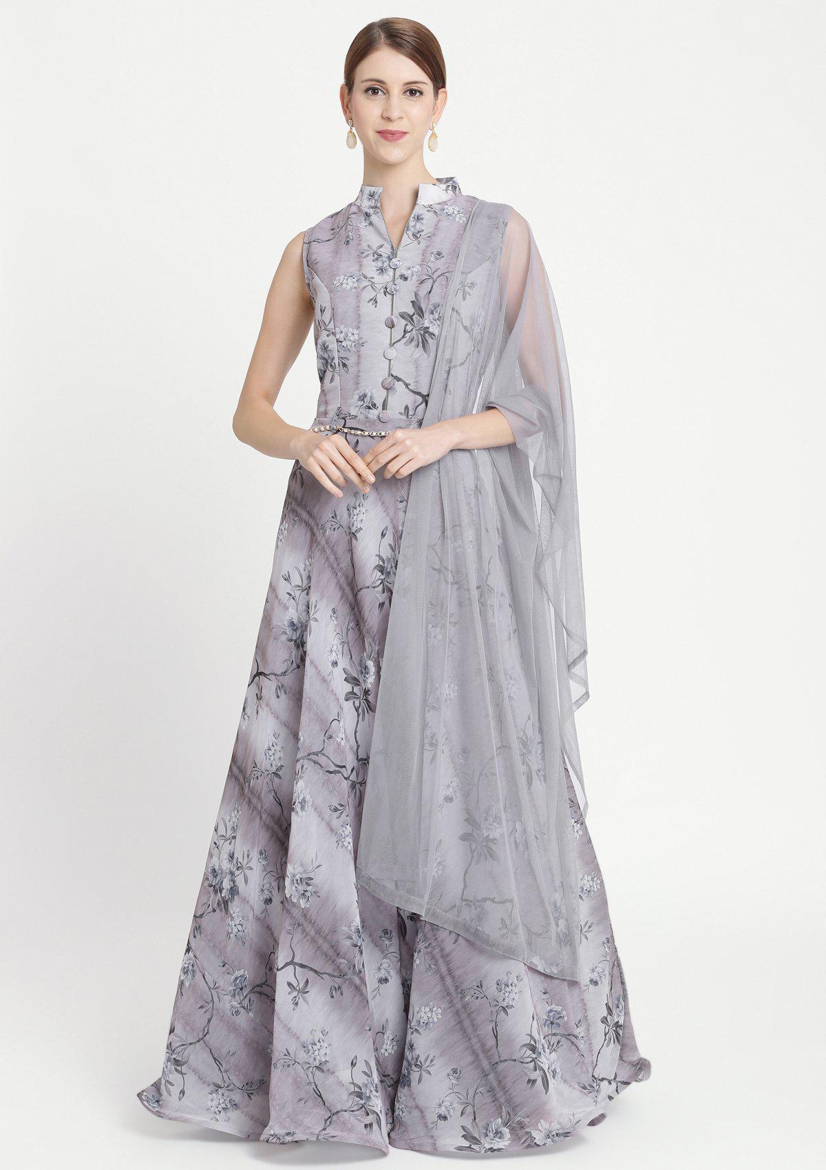 Light Grey Print Georgette Designer Gown-Koskii