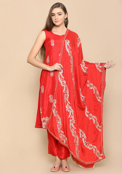 Red Gota Patti Raw Silk Designer Salwar Suit-Koskii