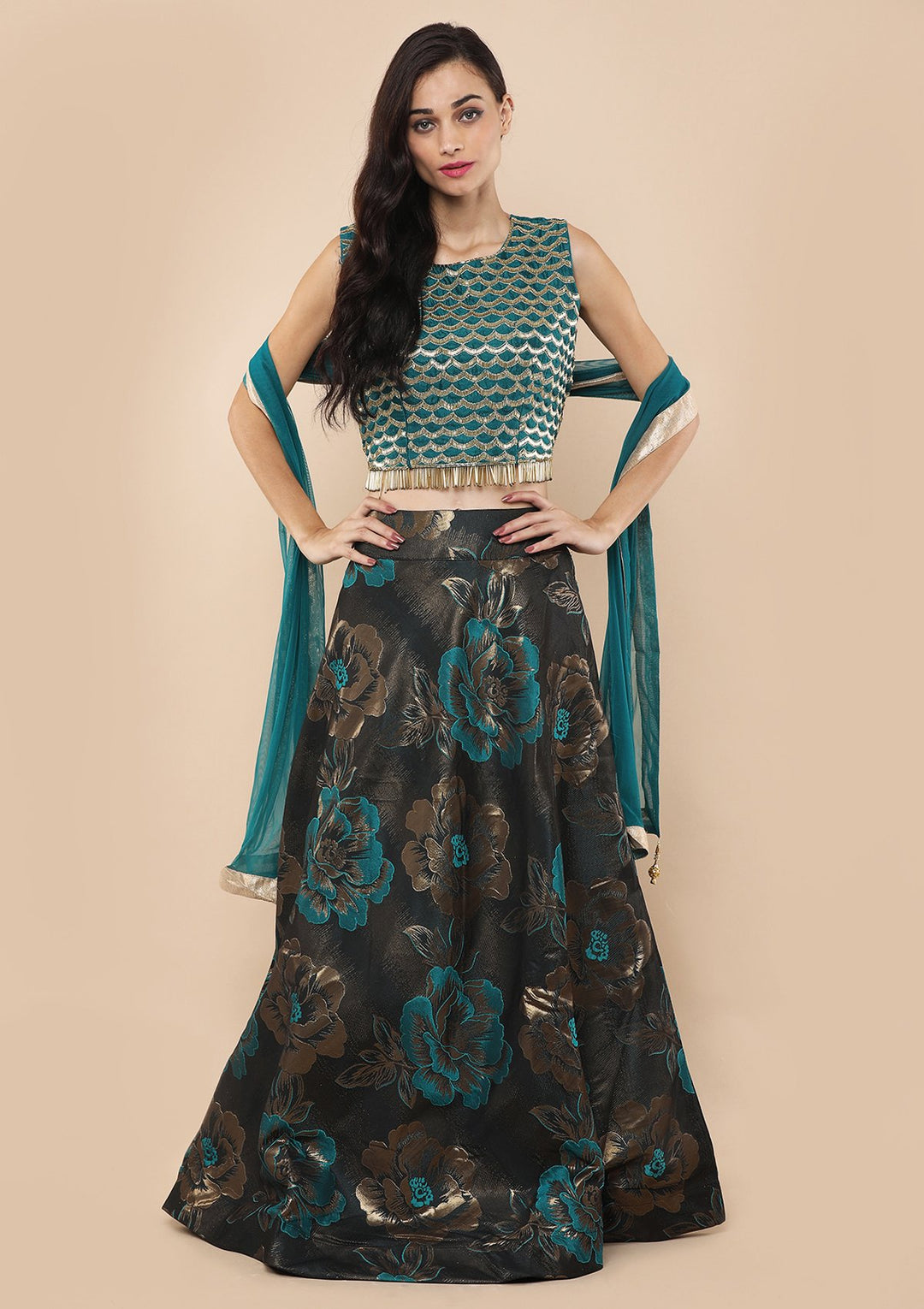 Koskii Ocean Green Brocade Lehenga-Koskii