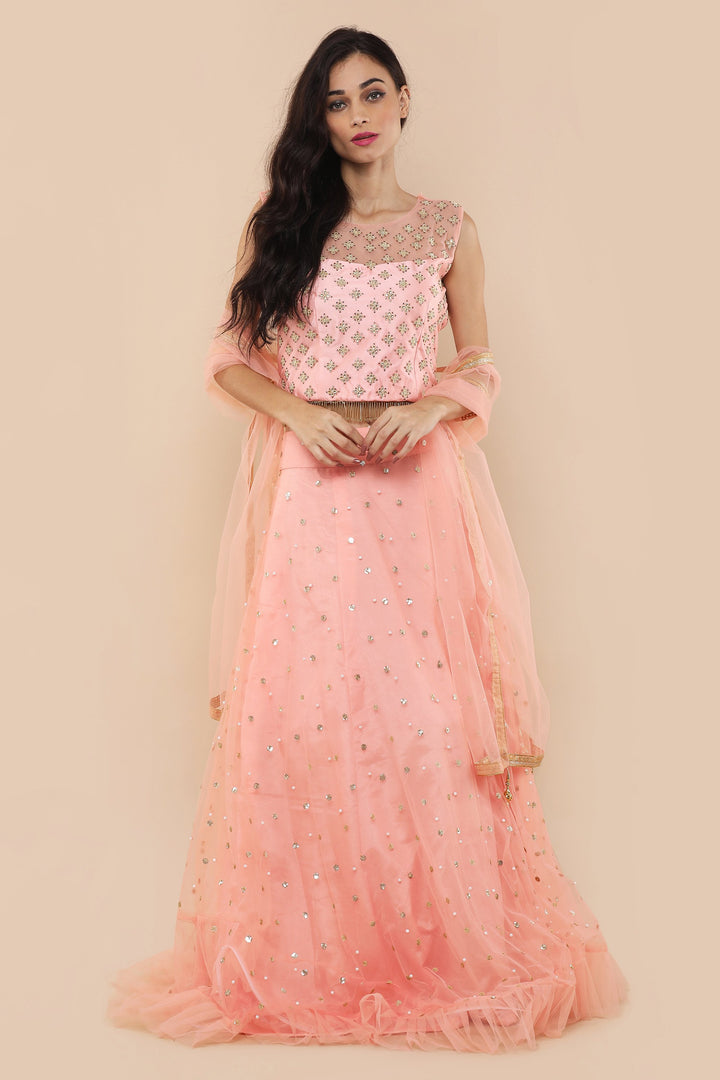 Peach Zardozi Tassles Net Designer Lehenga-Koskii
