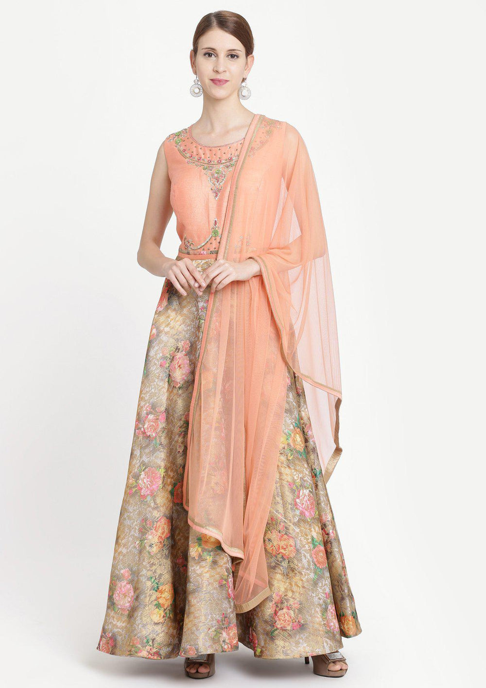 Peach Stonework Banarasi Designer Gown-Koskii