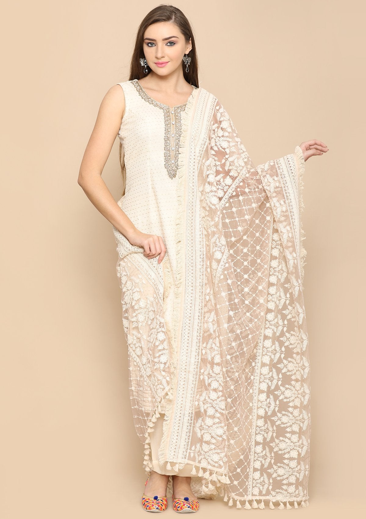 Cream Sequinned Silk Designer Salwar Suit-Koskii