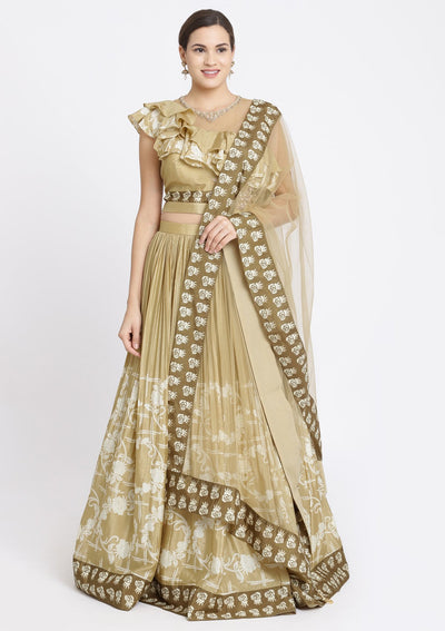 Beige Printed Satin Designer Lehenga-Koskii