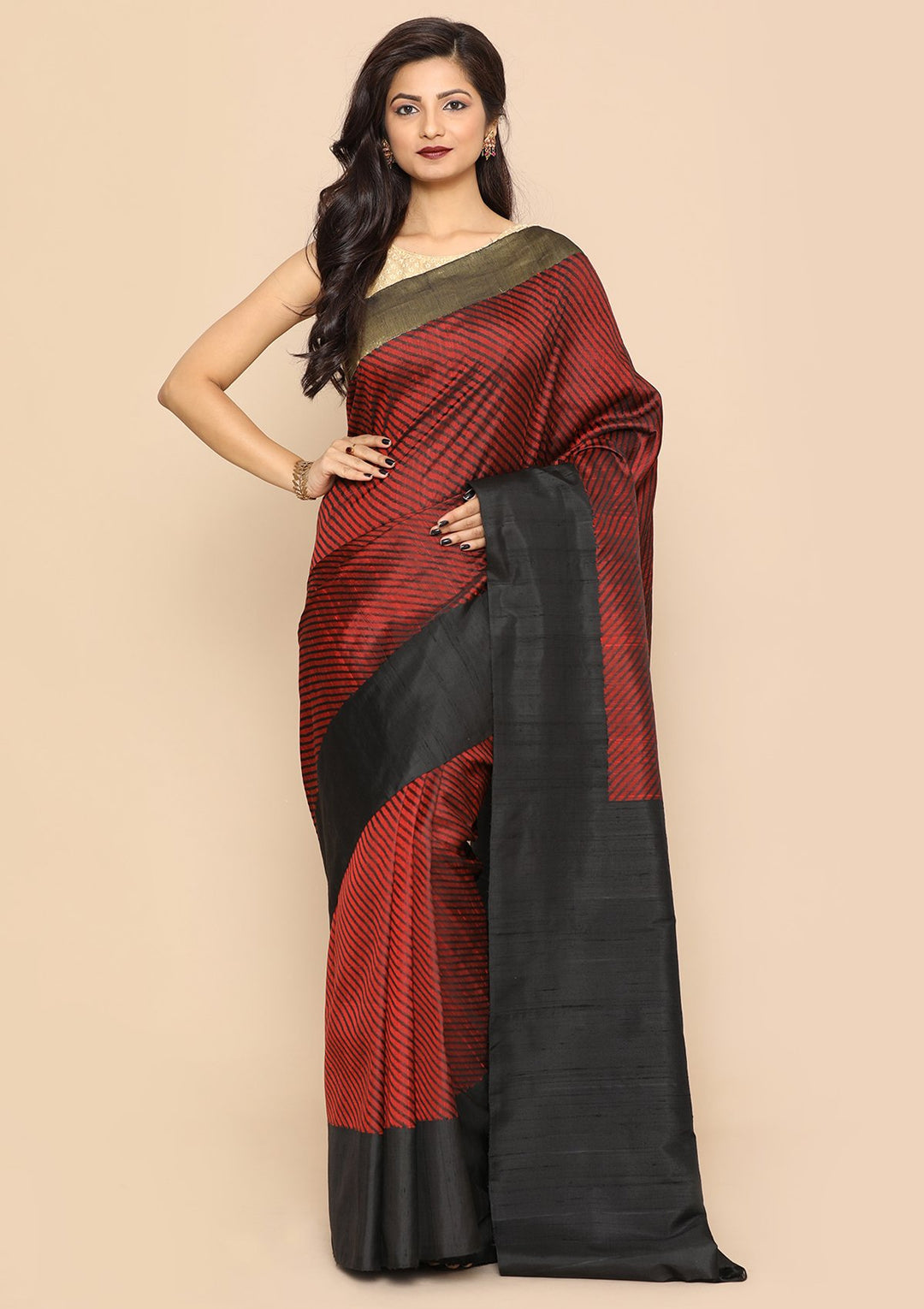 Maroon and Black Handmade Saree-Koskii