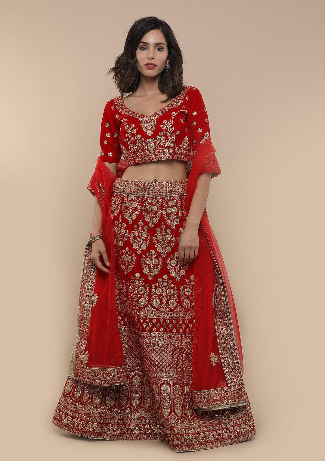 Red Embellished Velvet Designer Lehenga-Koskii