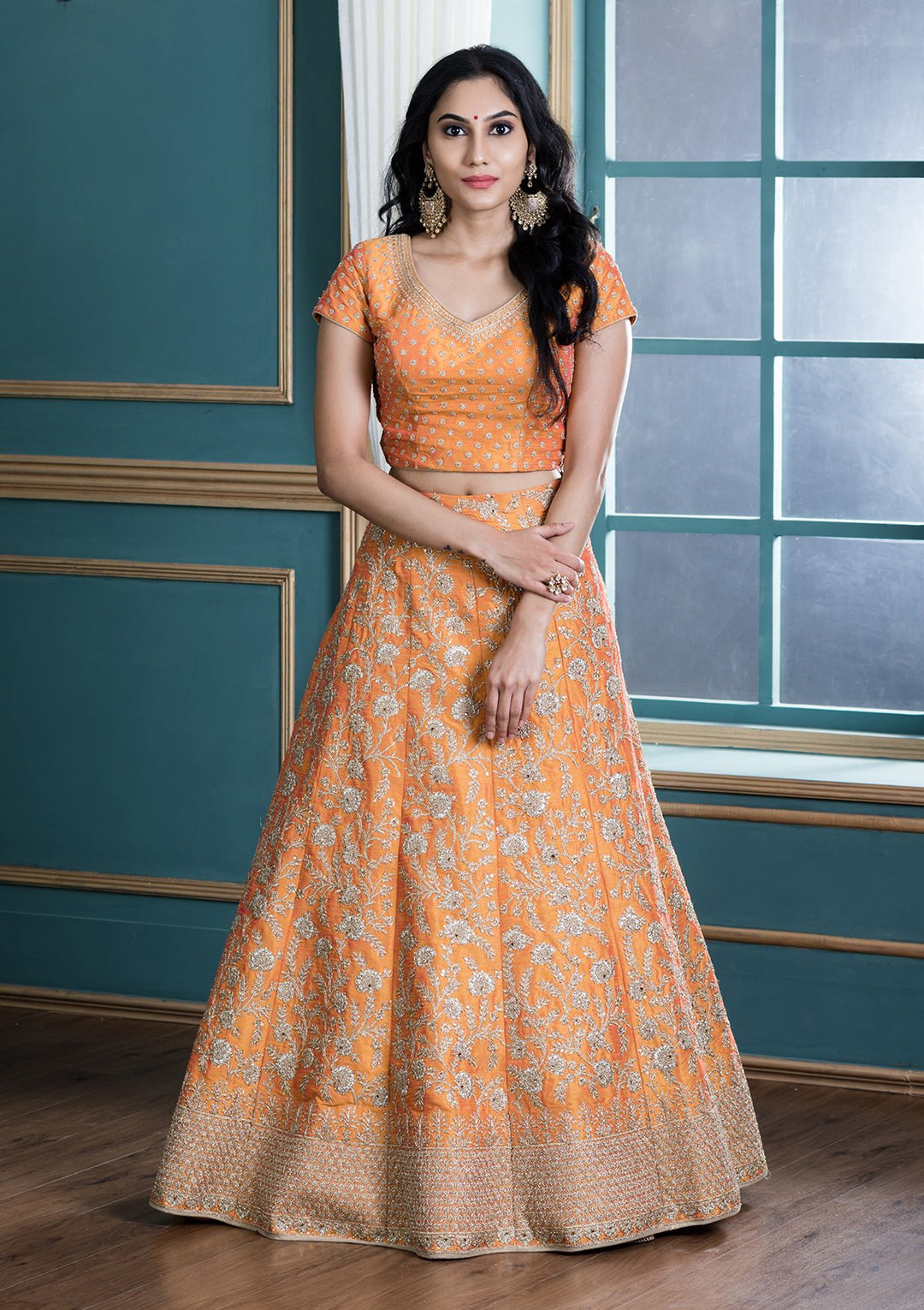 Mustard Yellow Stone Work Silk Designer Lehenga-Koskii