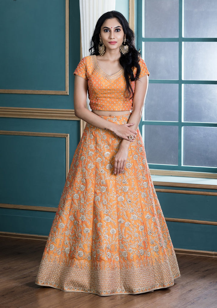 Mustard Yellow Stone Work Silk Designer Lehenga-Koskii