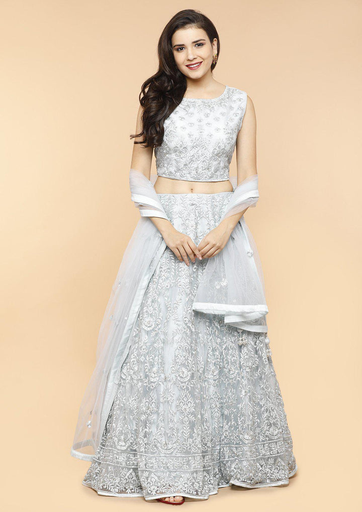 Steel Grey Threadwork Net Designer Lehenga-Koskii