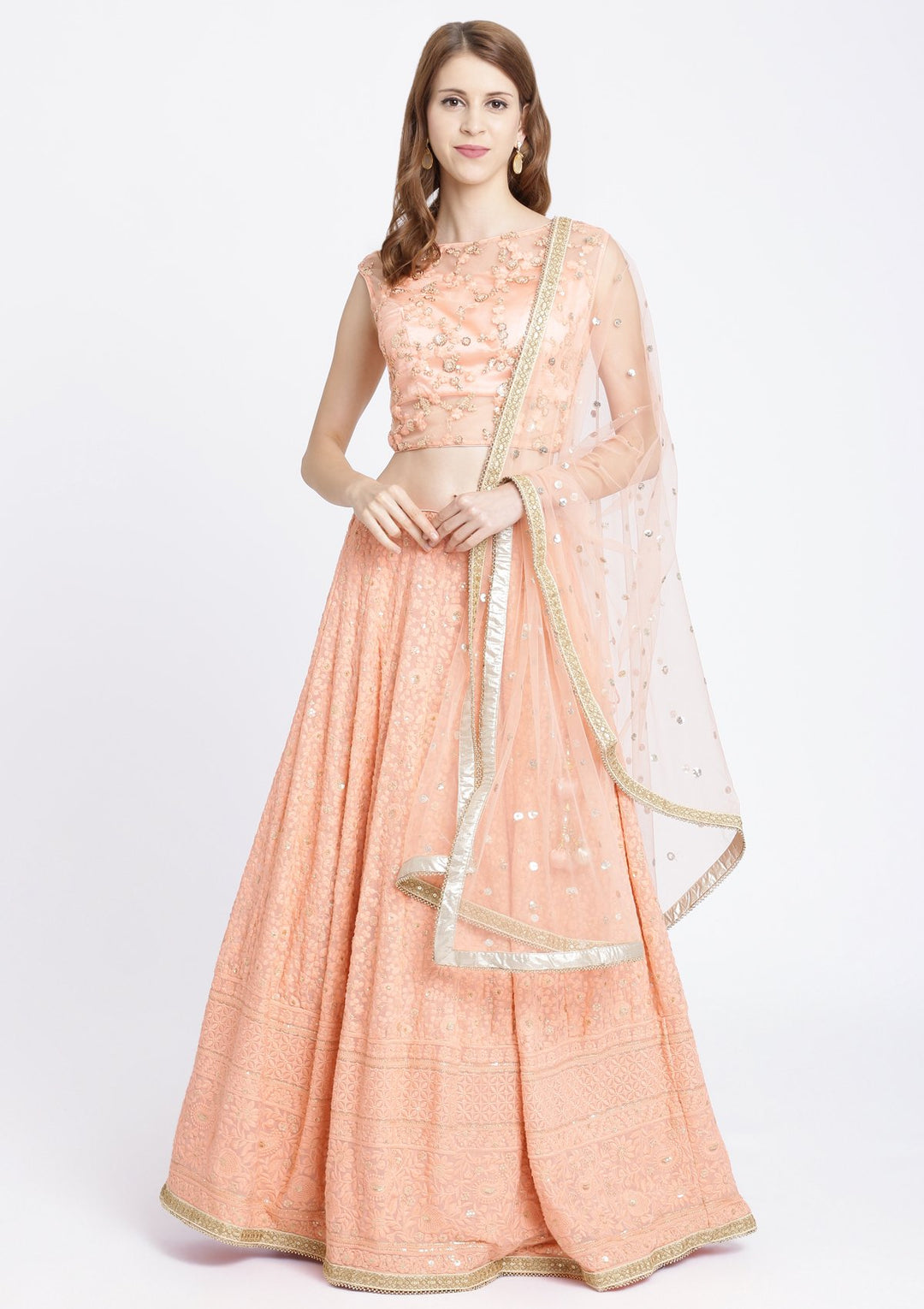 Peach Threadwork Chiffon Designer Lehenga-Koskii