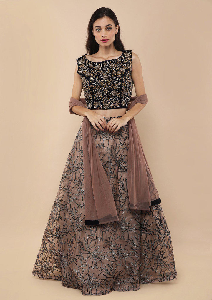 Beige Zardozi Work Velvet Designer Lehenga-Koskii