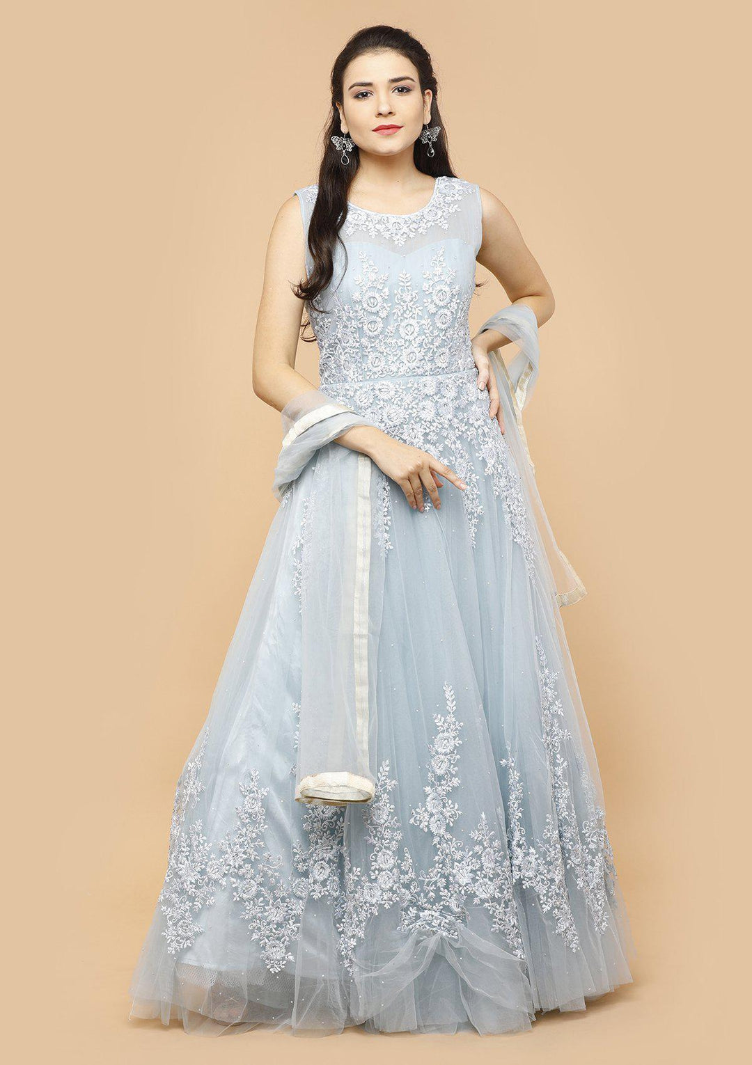 Powder Blue Threadwork Net Designer Gown-Koskii