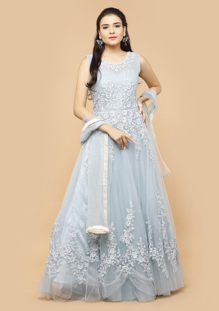 Powder Blue Threadwork Net Designer Gown-Koskii