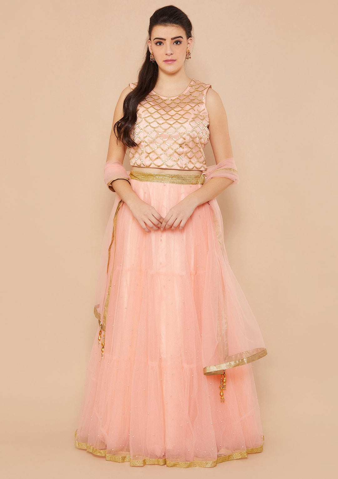 Coral Pink Cutdana Raw-Silk Lehenga-Koskii