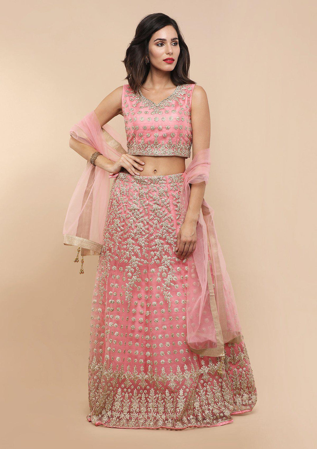 Pink Thread Work Net Designer Lehenga-Koskii