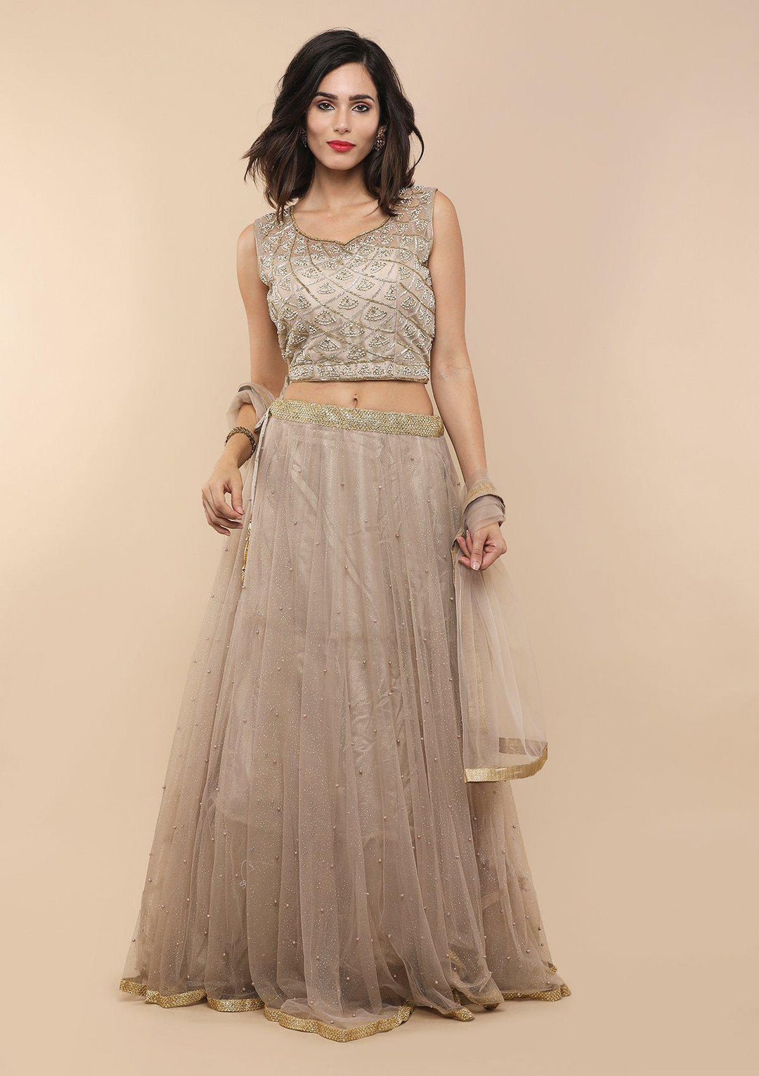 KOSKII BEIGE CUTDANA AND PEARL LEHENGA-Koskii