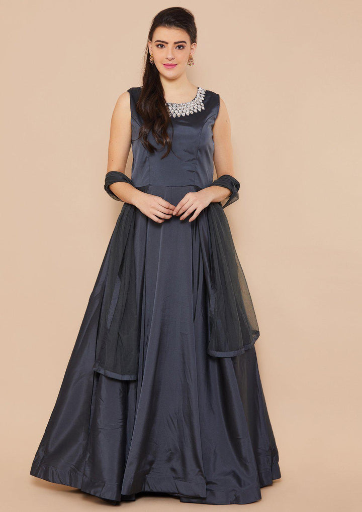 Grey Stonework Taffeta Silk Designer Gown-Koskii