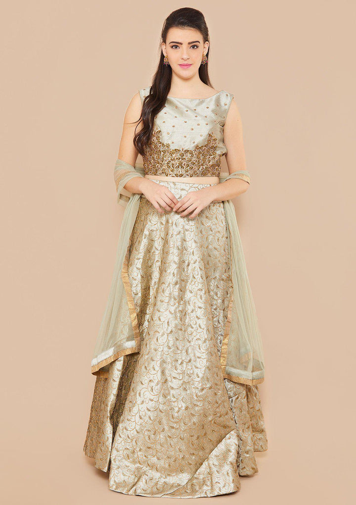 Silver Stonework Rawsilk Designer Lehenga-Koskii