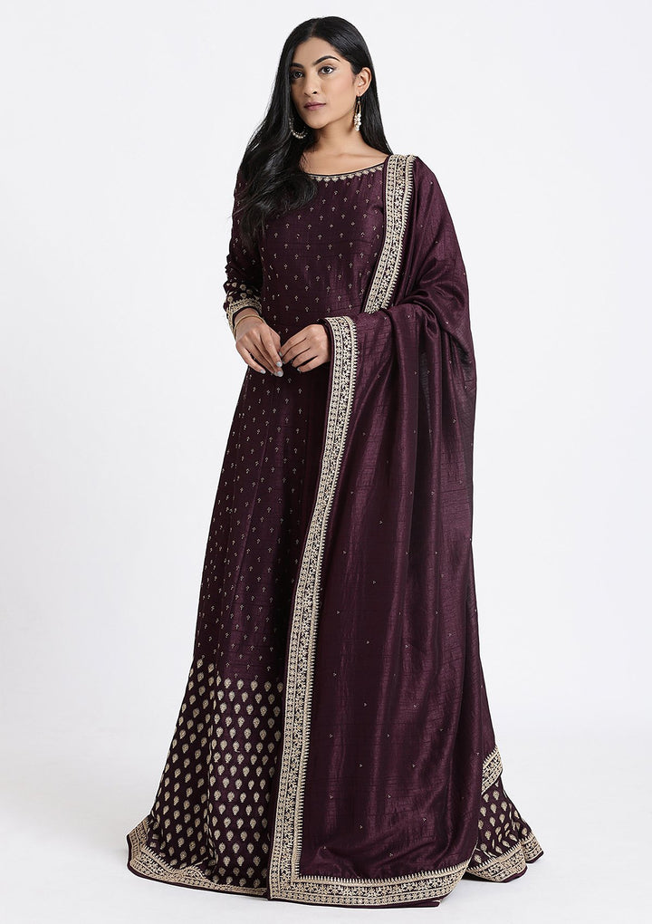 Wine Zariwork Rawsilk Designer Gown-Koskii
