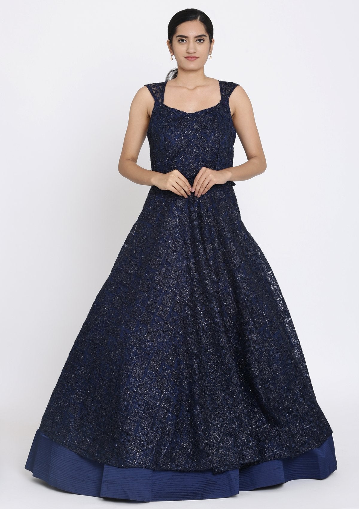 Navy Blue Chikankari Net Designer Gown - koskii