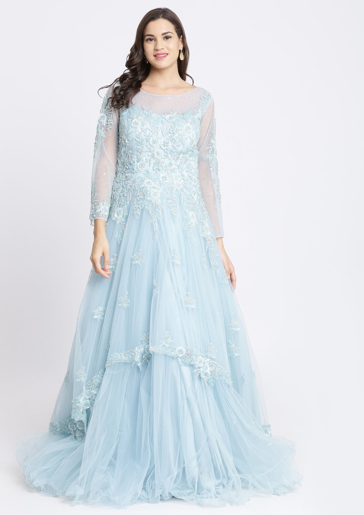 Sky Blue Sequinned Net Designer Gown-Koskii