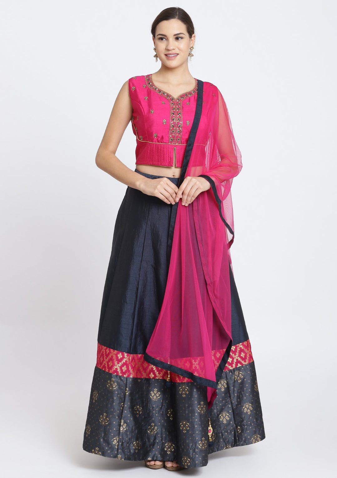 Navy Blue and Fuschia Cutdana Rawsilk Designer Lehenga-Koskii