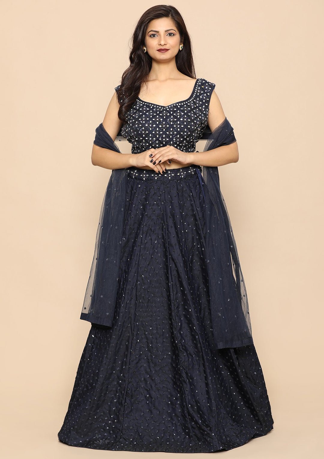Navy Blue Sequinned Silk Designer Lehenga-Koskii