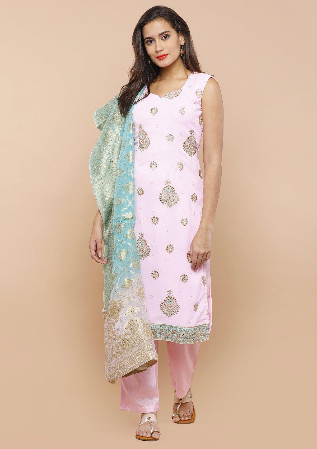 Pink and Blue Embellished Designer Salwar Suit-Koskii