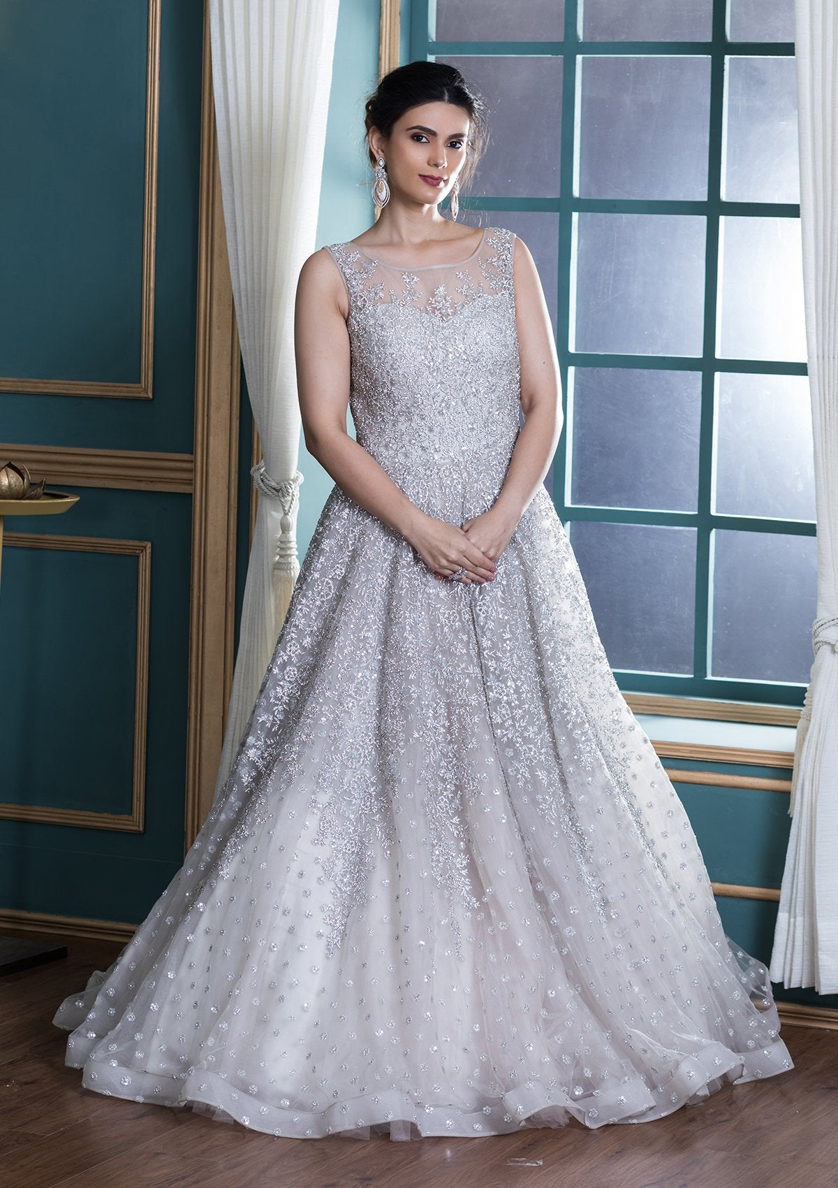 White Zardozi Work Net Ball Gown-Koskii