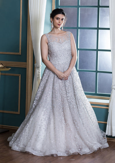 White Zardozi Work Net Ball Gown-Koskii