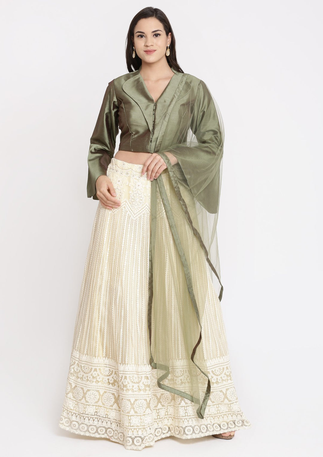 Cream and Green Chikankari Net Designer Lehenga-Koskii