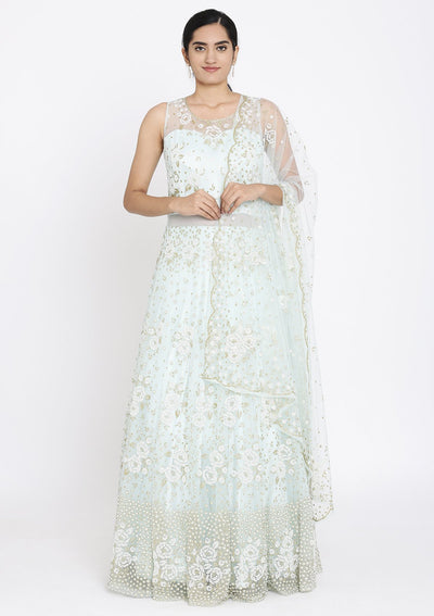 Sky Blue Cutdana Net Designer Gown - koskii